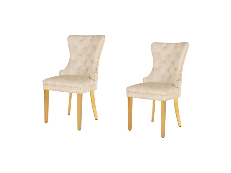 Lot de 2 chaises chesterfield regina beige en velours capitonné – dos matelassé, tête de lion et pieds dorés - Conforama A