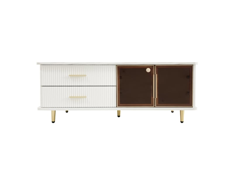  Meuble tv et table basse 170x37x47,5 cm et 100x50x40 cm avec éclairage à couleurs variables, panneau de particules, blanc et doré  - Conforama D