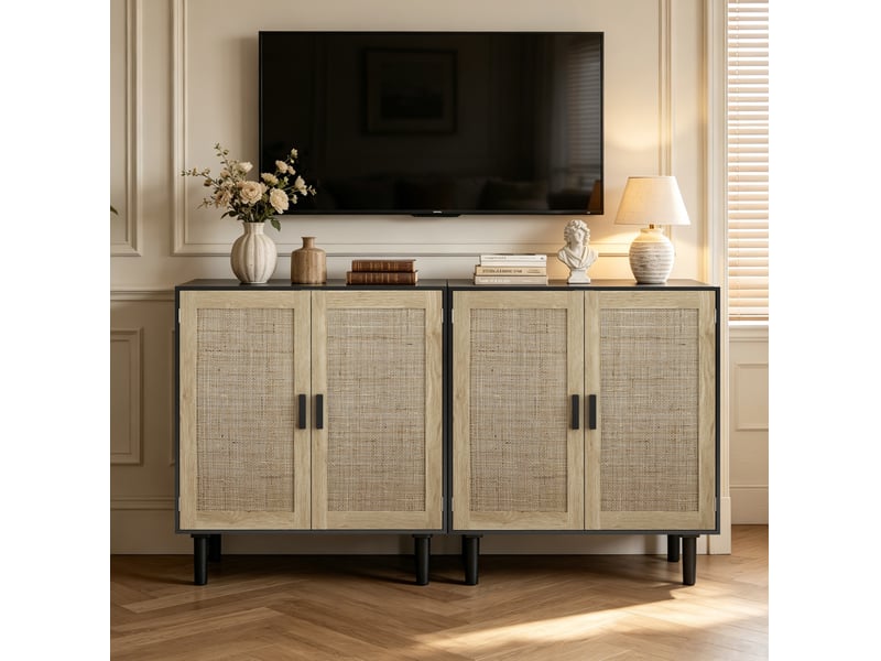 Meuble de rangement en rotin avec 2 portes magnétiques et 2 niches ouvertes pour salon noir 80 × 40 × 88 cm  - Conforama C