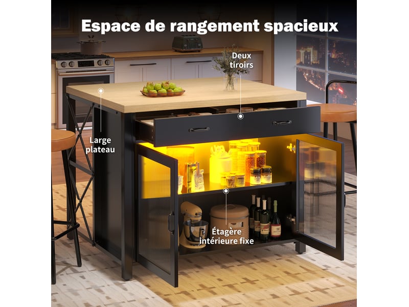  Îlot de cuisine 100x40-80x90 cm 2 tiroirs, porte vitrée, table de bar led, pieds réglables, pour cuisine, en mdf, noir  - Conforama D