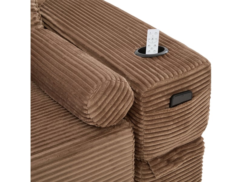  Canapé droit convertible 2 places en velours côtelé marron, avec poches, porte-gobelet et coussins mémoire  - Conforama D
