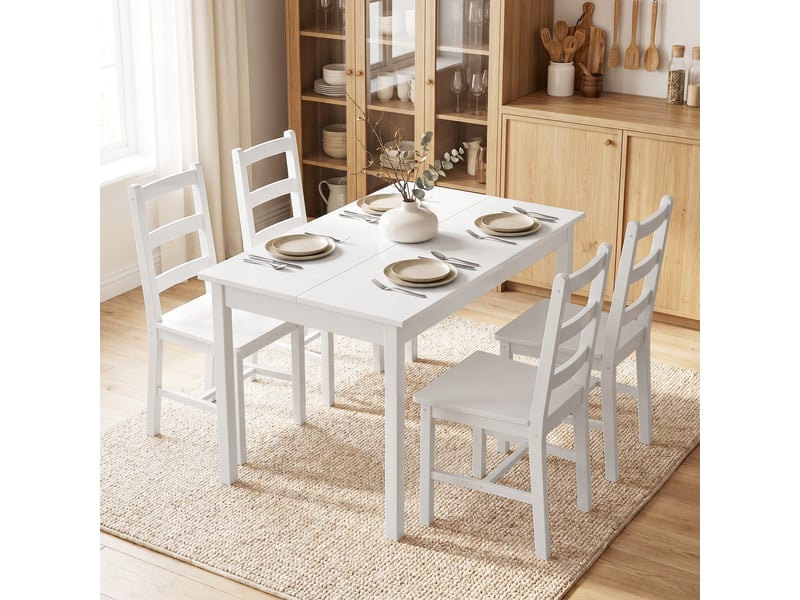  Ensemble de salle à manger 5 pièces pour 4 personnes, table rectangulaire et chaises en bois massif, idéal pour les petits espaces, blanc.  - Conforama D