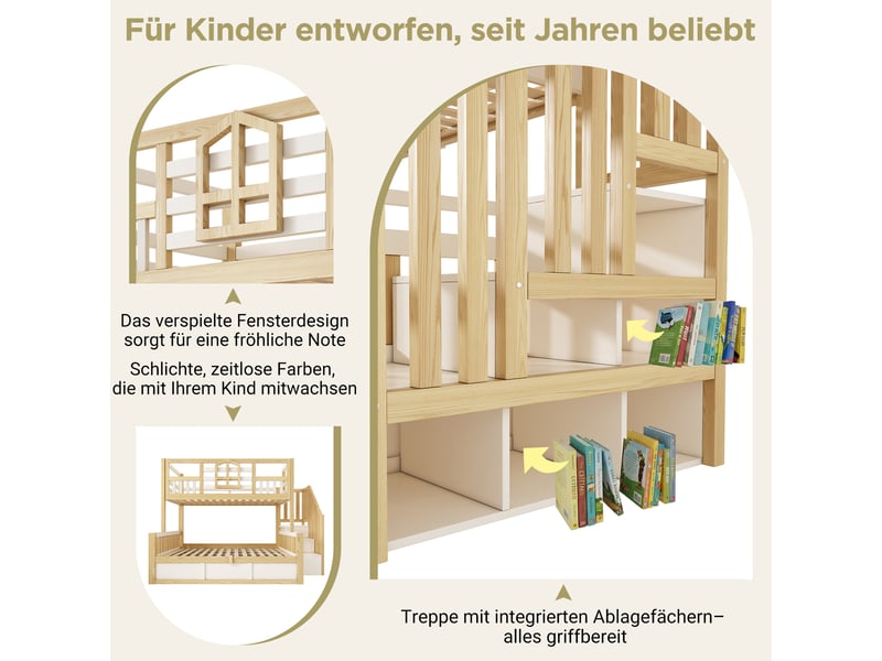  Lit superposé familial 90x200 et 140x200 cm style cabane avec fenêtre, coffre hydraulique, escalier à rangements, barrières de sécurité, bois blanc et décor chêne  - Conforama E
