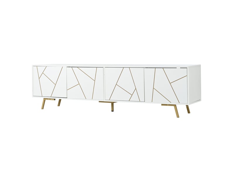  Meuble tv 190 cm pour écran 85 pouces, meuble tv blanc et or avec 4 portes, 190x40x51,5cm, panneaux et métal.  - Conforama W