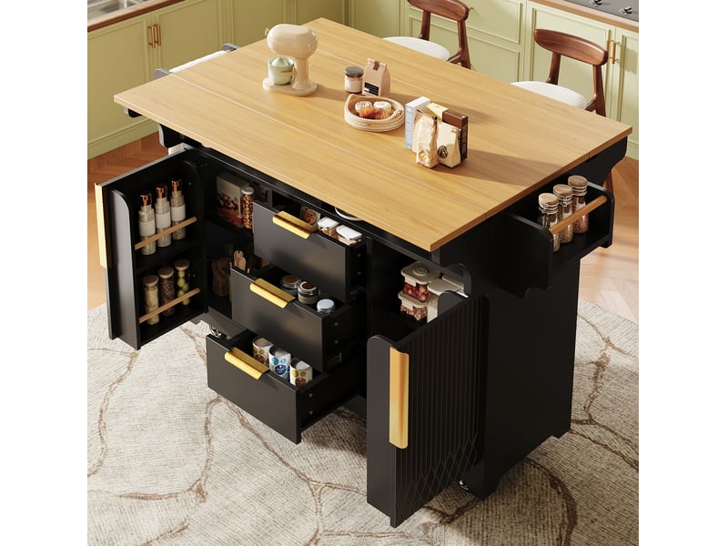 Desserte de cuisine à roulettes avec 3 tiroirs, 2 portes et plateaux rabattables en mdf noir 120 × 40 × 95 cm - Conforama E
