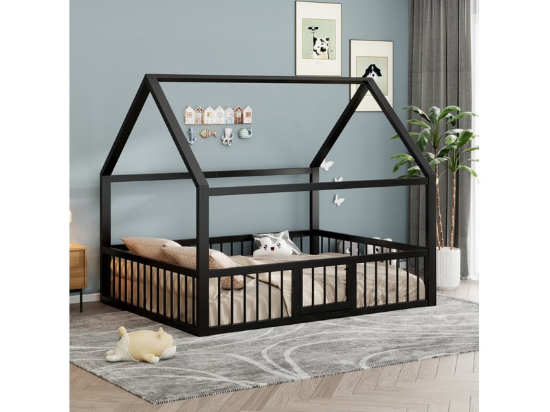  Lit enfant 140x200 cm en métal noir avec toit cabane, barrières et portillon  - Conforama D