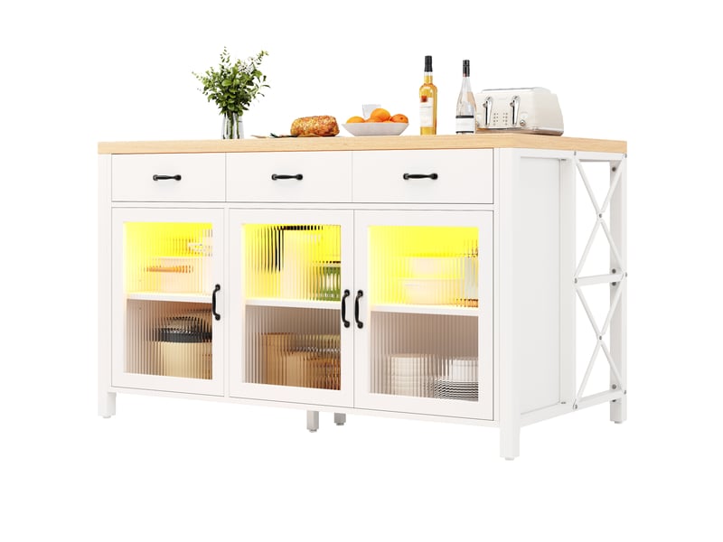 Îlot de cuisine blanc et naturel muvano, 3 tiroirs et portes vitrées, 150 x 80 x 90 cm  - Conforama A