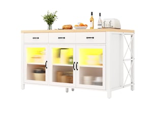 Îlot de cuisine blanc et naturel muvano, 3 tiroirs et portes vitrées, 150 x 80 x 90 cm