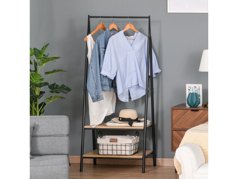 Penderieportant triangulaire moderne, dimensions 64 cm (l) x 43 cm (l) x 149 cm (h), 2 étagères, bois clair, panneau mdf, acier noir  - Conforama C