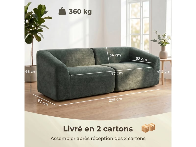  Canapé 3 places en chenille 225 cm, canapé salon rembourré moderne avec assise large, vert foncé, coussin à ressorts  - Conforama C