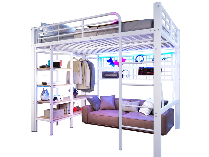 Modenvie lit mezzanine 140x200 cm - avec éclairage led, rangement intégré, sans matelas - blanc - Conforama A