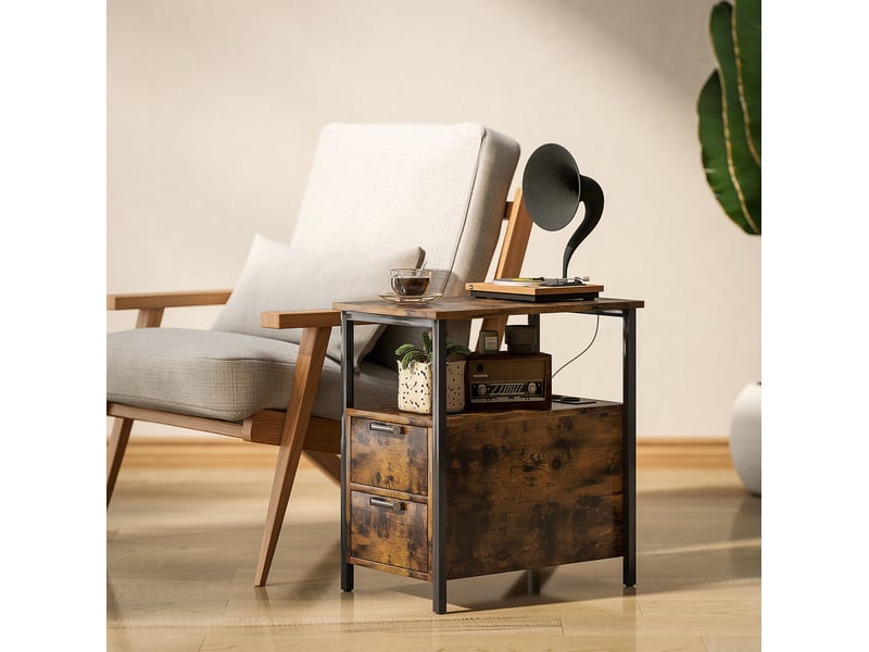  Table d'appoint 2 tiroirs, étagère ouverte et station de charge dissimulée pour chambre, marron 55 × 35 × 58,5 cm  - Conforama B