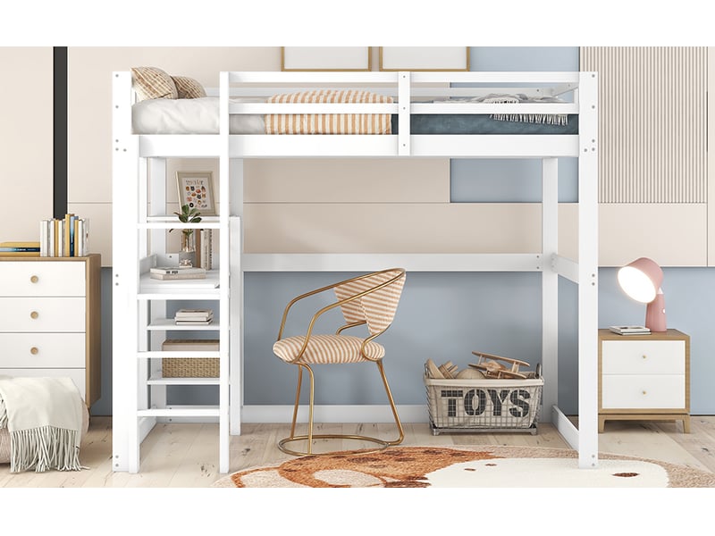 Lit mezzanine enfant 140x200 cm pin blanc - bureau et étagères intégrés, gain de place pratique - Conforama D