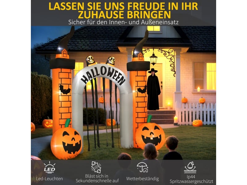  Arche gonflable halloween avec 10 led, motifs citrouilles et chauves-souris, pour entrée et jardin, 325×105×322 cm  - Conforama E
