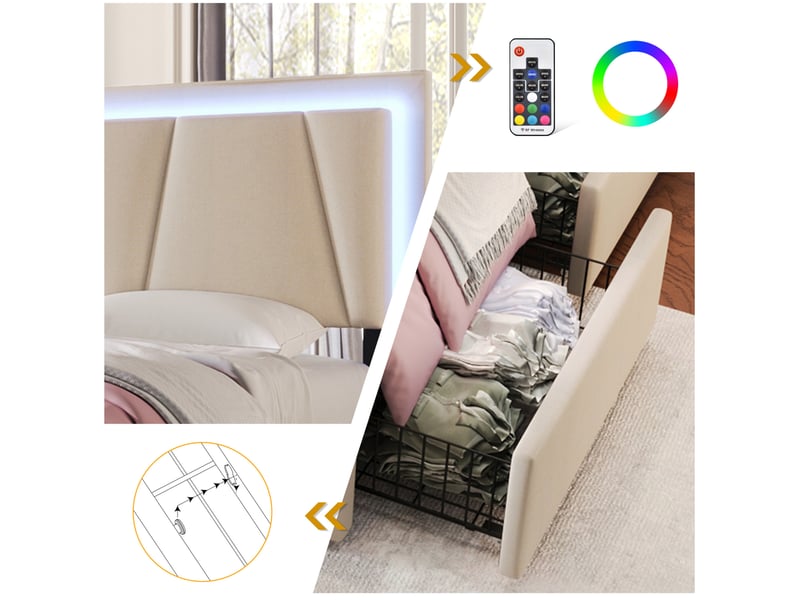  Lit rembourré 90 × 200 cm 1 place avec 2 tiroirs, led réglable et tête de lit ajustable, matelas inclus, beige  - Conforama E