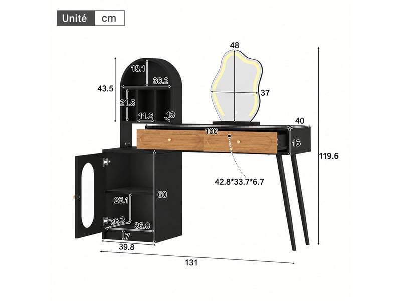  Coiffeuse avec miroir lumineux, plateau extensible, 2 tiroirs, noir et effet bois, 131 x 40 x 119,6 cm  - Conforama C