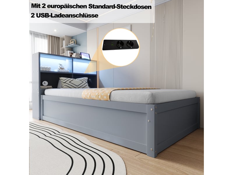  Sofa-lit en bois massif 90*200 cm gris avec prise multiple, quatre rangements, led et relevage  - Conforama D