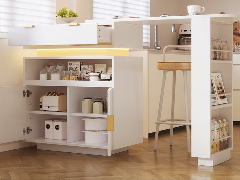 Îlot de cuisine, 115-183 × 40 × 99 cm, table de bar avec espace de rangement, éclairage led, rotation à 360°, blanc - Conforama B