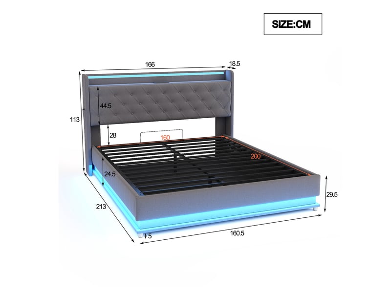  Lit capitonné led 160*200 cm gris, port usb et coffre hydraulique, tissu lin pour chambre  - Conforama B
