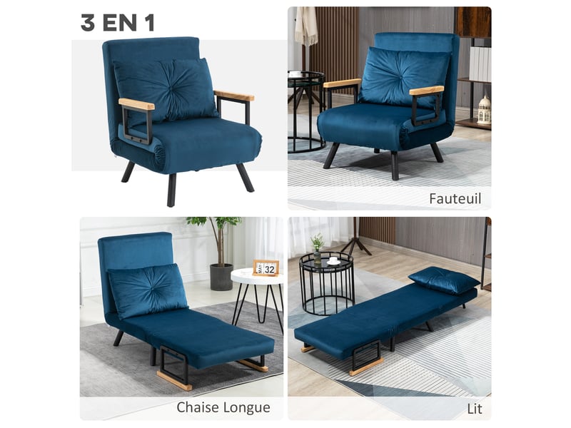  Fauteuil convertible 1 place en tissu effet velours bleu 63x73x81 cm  - Conforama D