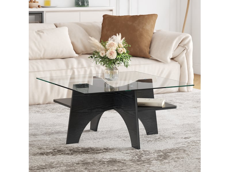  Table basse carrée 80x80x40 cm plateau en verre de sécurité mdf noir  - Conforama D