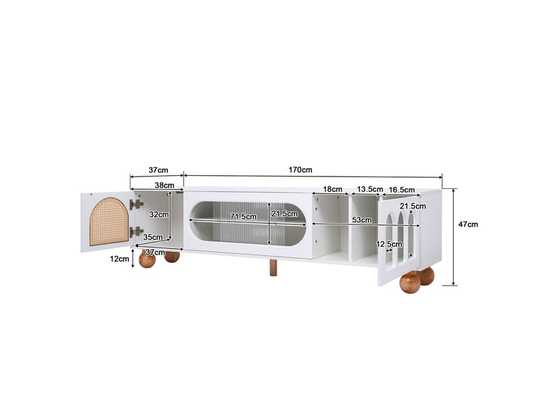  Meuble tv modenvie 170 x 37 x 47 cm portes effet rotin et verre blanc et bois  - Conforama C
