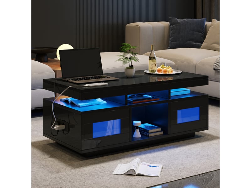 Table basse de salon rectangulaire 100x50x43 cm avec rangement, led, prise et usb, 2 portes et niches ouvertes en panneaux de particules - noir - Conforama B