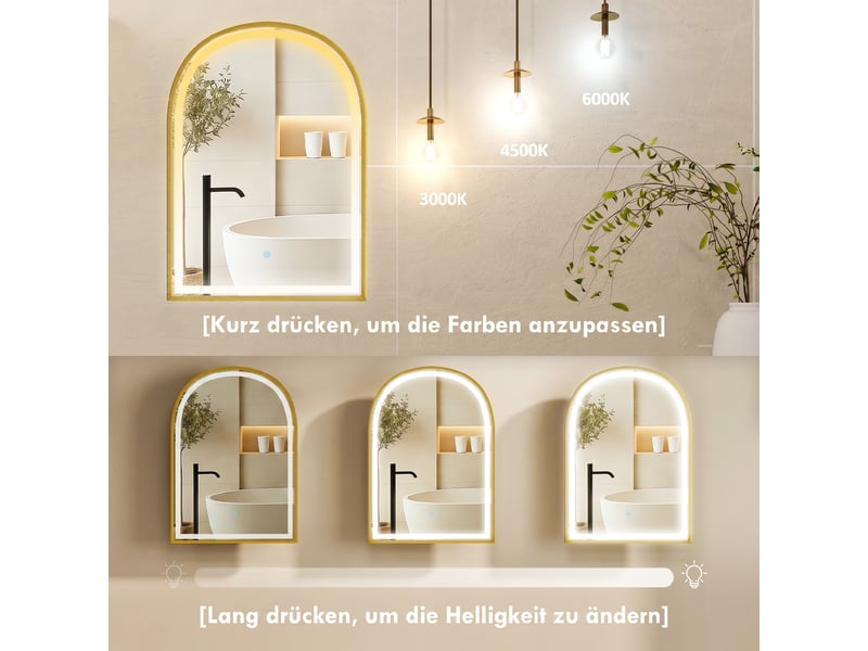 Armoire murale salle de bain avec miroir et éclairage led, porte arquée, anti-buée, doré, 50x14,5x70cm  - Conforama E
