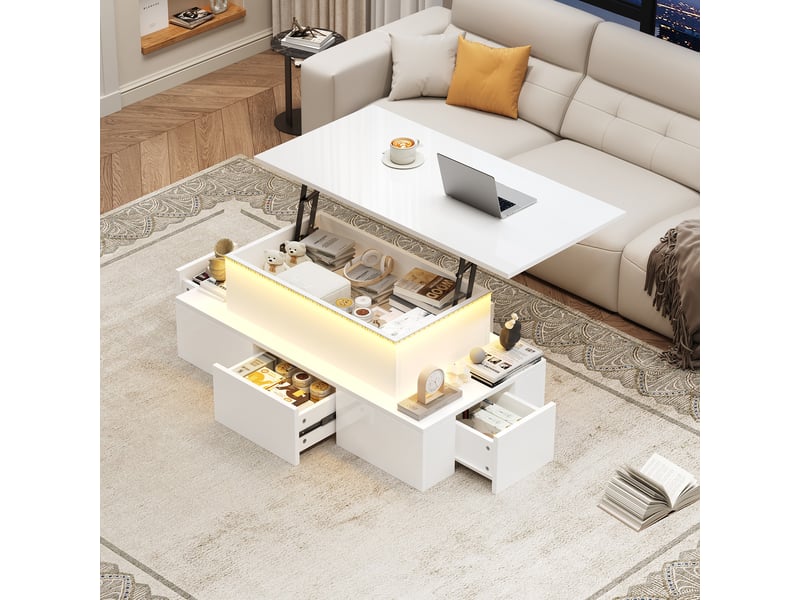  Table basse relevable 100x50x40 cm avec 4 tiroirs et rangement caché, finition brillante, led contrôlable par app, mdf blanc  - Conforama D