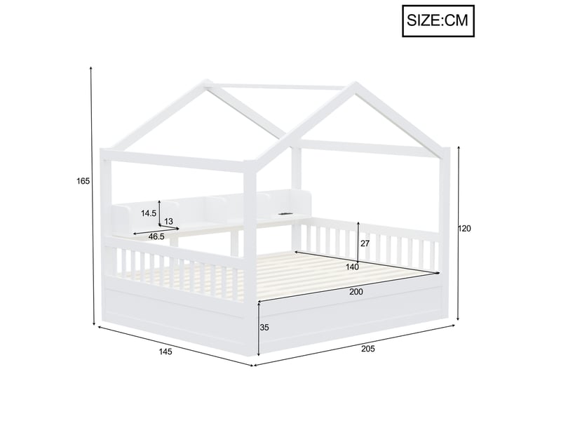  Lit coffre 140x200 cm avec rangement hydraulique, toit, éclairage led et prises, bois et mdf, blanc, sans matelas  - Conforama C
