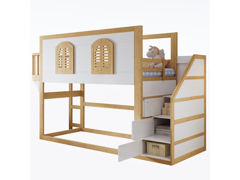  Lit mezzanine enfant 90x200 cm avec escalier de rangement et espace de jeu, bois et mdf, blanc et naturel sans matelas  - Conforama A