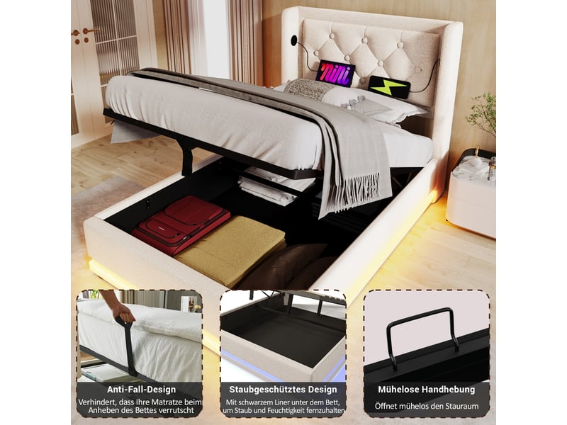  Lit coffre 90x200 - lit simple rembourré avec fonction usb type-c et led - coton - matelas inclus - beige  - Conforama E