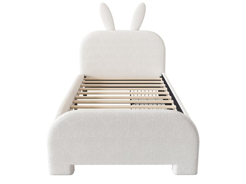  Lit plat rembourré enfant 90x200 cm, forme lapin en laine, deux tiroirs, doux et chaleureux, sans matelas, très pratique, blanc  - Conforama A