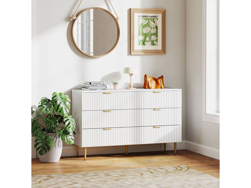 Commode 6 tiroirs commode chambre meuble de rangement moderne avec poignées et pieds dorés, blanc, 120 x 40 x 76,5 cm - Conforama D