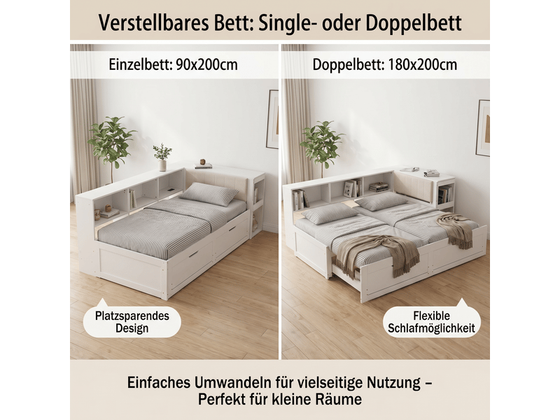  Lit double 3 en 1 2 places 180x200 cm avec bureau intégré, tiroirs sous lit, étagères ouvertes, tête de lit rembourrée, sommier à lattes, blanc mat  - Conforama E