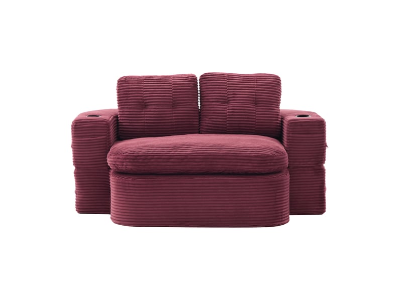  Canapé 2 places modenvie 2 en 1 avec fonction chaise longue, accoudoirs amovibles, porte-gobelets et velours côtelé rouge vin  - Conforama A