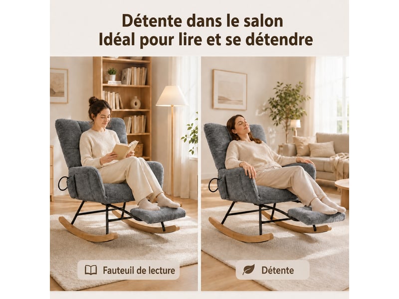  Chaise à bascule ergonomique en tissu chenille gris clair avec repose‑pieds rétractable, poche de rangement, structure métal et bois massif, charge 120 kg  - Conforama B