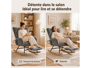 Chaise à bascule ergonomique en tissu chenille gris clair avec repose‑pieds rétractable, poche de rangement, structure métal et bois massif, charge 120 kg