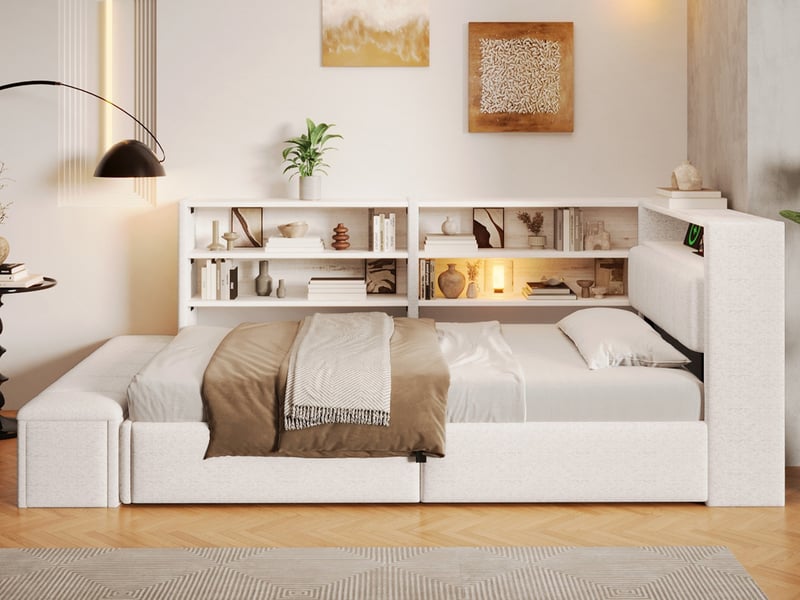 Canapé-lit, 90 x 200 cm, mécanisme hydraulique, prise électrique, élément de rangement latéral, sans matelas, velours, blanc - Conforama B