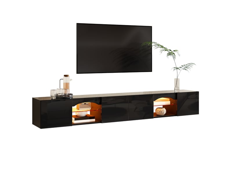  Meuble tv 200x30x28 cm noir brillant avec led, 4 portes et 2 niches  - Conforama A