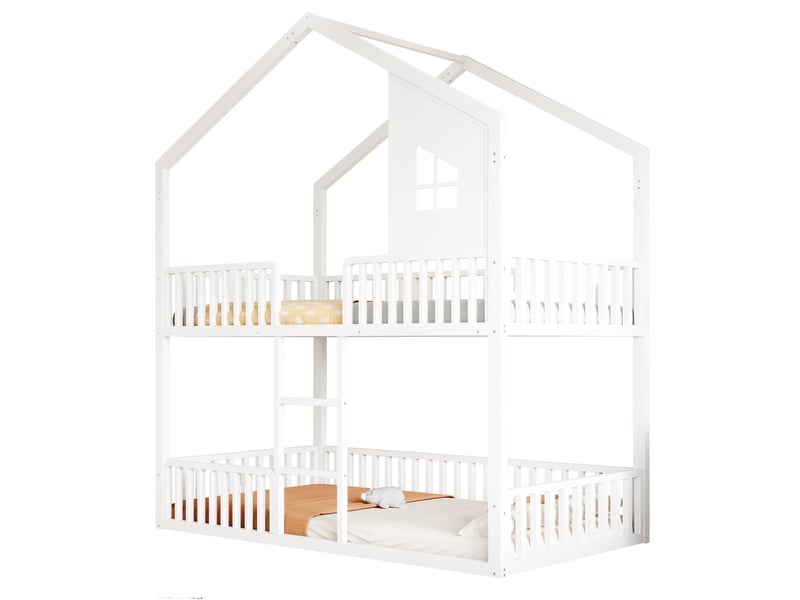 Lit superposé 90 x 200 cm enfant, lit double niveau style cabane avec toit et fenêtres, échelle droite, garde-corps, métal blanc  - Conforama A