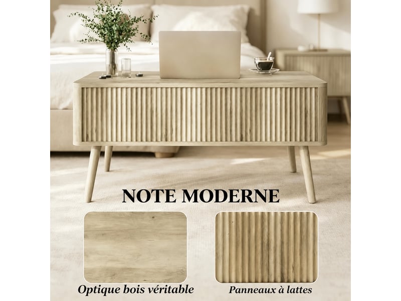  Table basse à plateau relevable avec compartiments de rangement cachés, table de salon moderne couleur chêne, 91x56 cm  - Conforama E