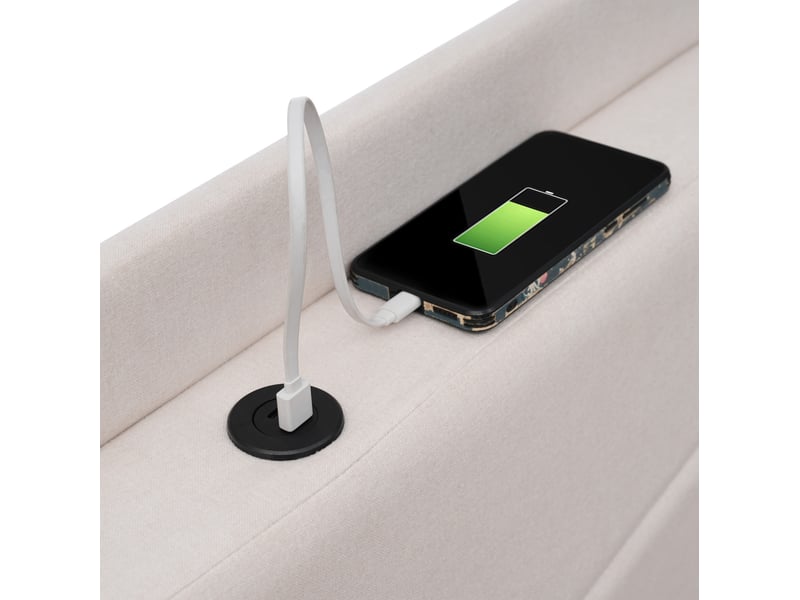  Lit coffre 90 × 200 cm 1 place avec usb, type-c et tête de lit, matelas inclus, en coton et lin beige  - Conforama E