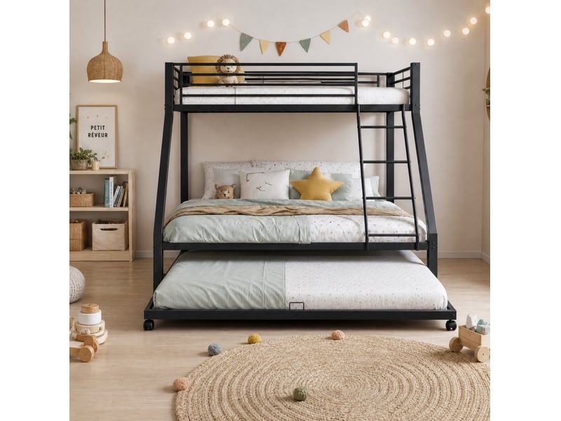  Lit superposé 90x200 cm et 140x200 cm avec lit gigogne 90x190 cm métal couleur noir sans matelas, design industriel  - Conforama B