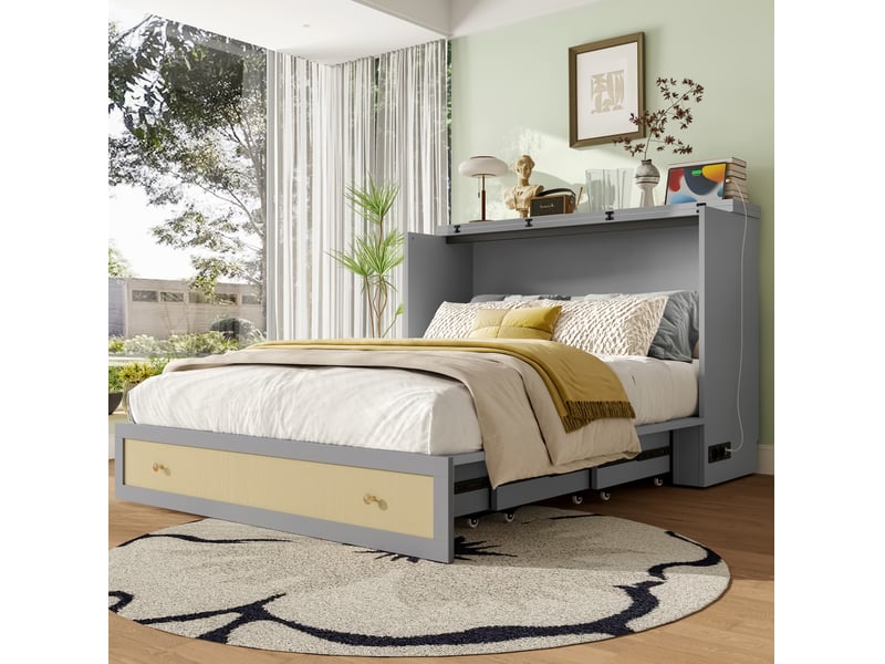  Lit escamotable, 140x200 cm, lit rabattable, avec tiroirs pratiques, étagère, matelas non inclus, mdf, coloris gris  - Conforama D