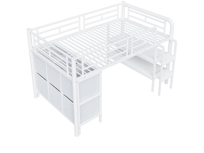  Lit mezzanine enfant 90x200 cm tiroirs et étagères - lit mezzanine - métal blanc avec marches larges et coins arrondis  - Conforama D
