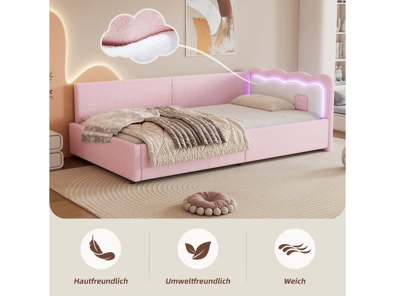  Lit de jour 90x200 canapé lit rose en velours avec éclairage led 300 kg  - Conforama D