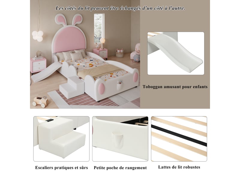  Lit enfant 90x200 cm, escalier, toboggan, sommier,  style cartoon, pu blanc+rose, sans matelas  - Conforama E