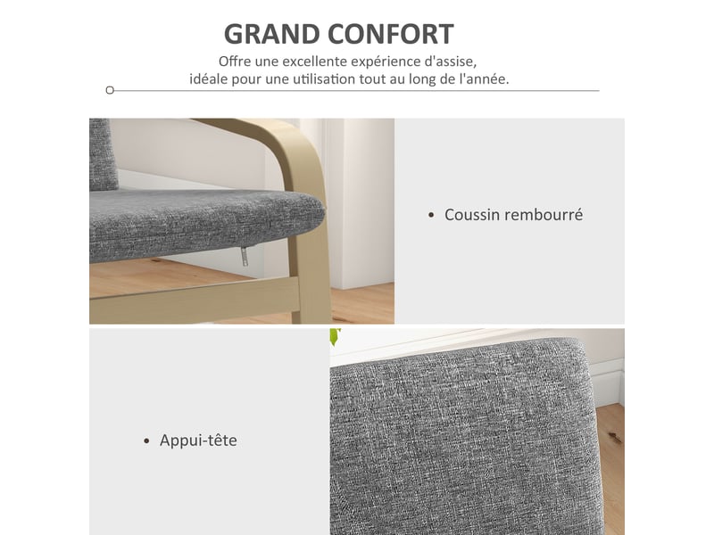  Fauteuil de salon, fauteuil chambre avec accoudoirs incurvés, coussin, tissu aspect lin, gris, 65 x 79 x 98 cm  - Conforama R
