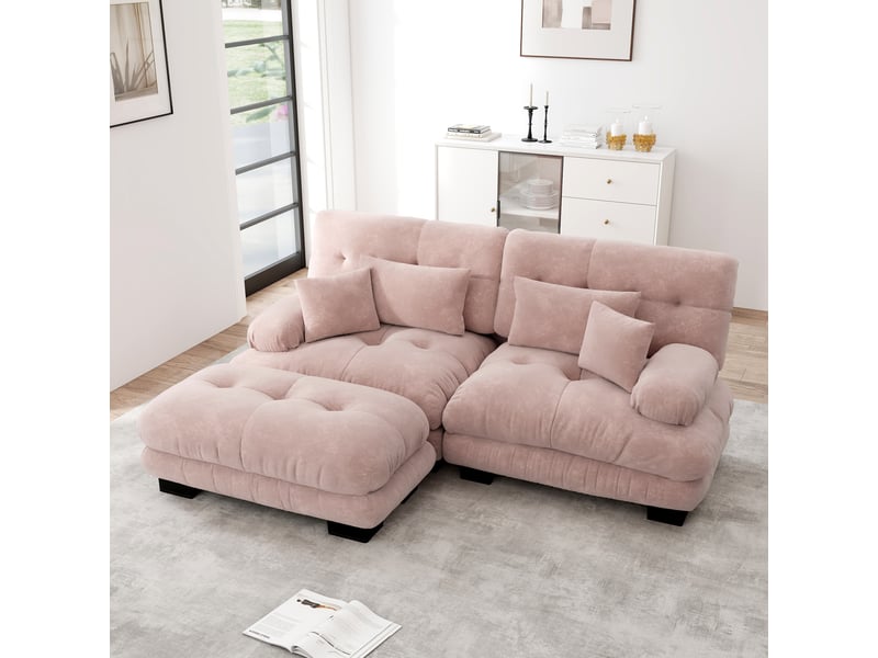  Canapé d'angle, canapé 2 places – en chenille, larges accoudoirs, avec pouf, rose, coussins inclus, style cloud  - Conforama R